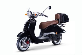 TECHNO CLASSIC 2.0 RETRO ROLLER 50ccm schwarz mit Topcase und brauner Sitzbank