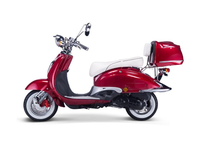 TECHNO CLASSIC 2.0 RETRO ROLLER 50ccm rot mit Topcase und weisser Sitzbank