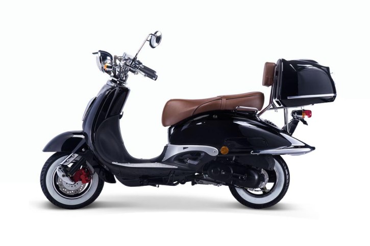 TECHNO CLASSIC 2.0 RETRO ROLLER 50ccm schwarz mit Topcase und brauner Sitzbank