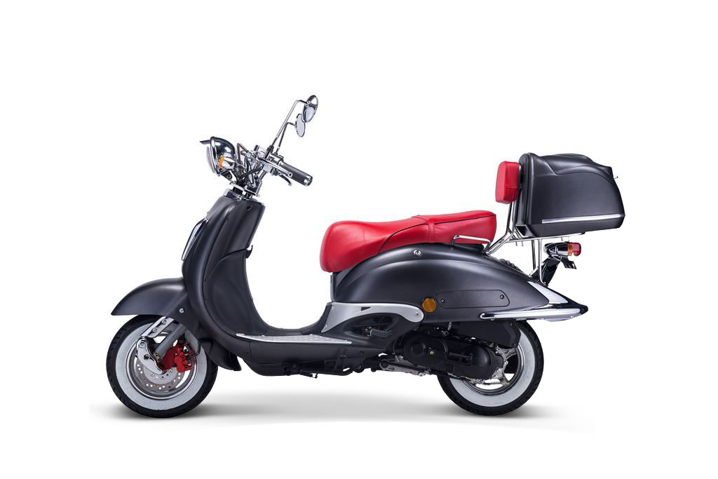 Motorroller Techno Classic Retro Roller mattschwarz mit roter Sitzbank
